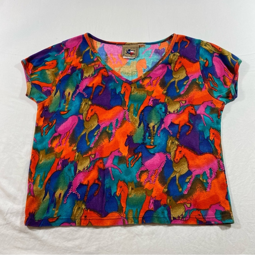 Colorful Horse Print Shirt Top Beaded Medium size cropped Top VNeck Short sleeve